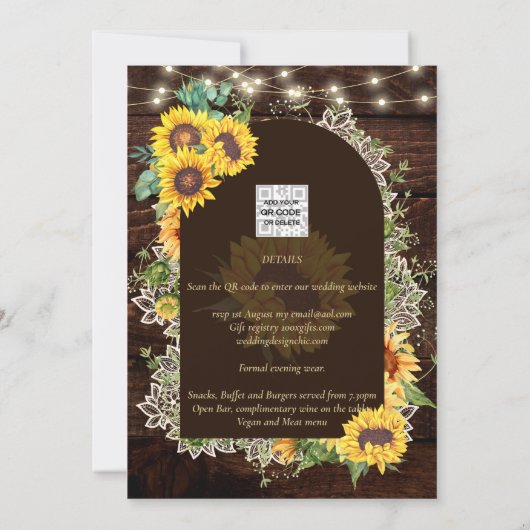 Invitation Mariage en dentelle de tournesol rustique (Dos)