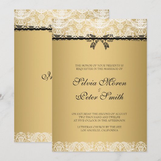 Invitation Mariage en dentelle dorée et blanche (Devant / Derrière)