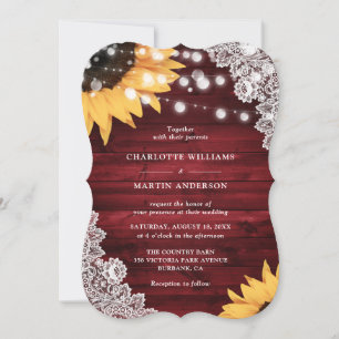 Invitation Mariage en dentelle florale rouge bois tournesol