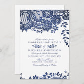 Invitation Mariage en dentelle vintage bleu et blanc (Devant / Derrière)