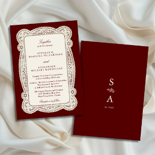 Invitation Mariage en dentelle vintage burgundy et ivoire