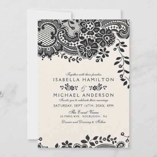 Invitation Mariage en dentelle vintage noir et blanc (Devant)