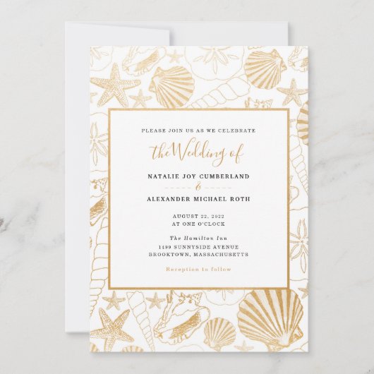 Invitation Mariage en écaille d'or Faux, thème plage (Devant)