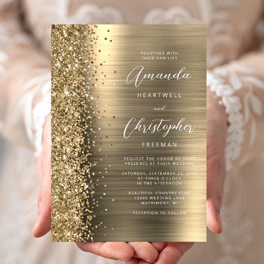 Invitation Mariage en écriture métallique dorée pailletée