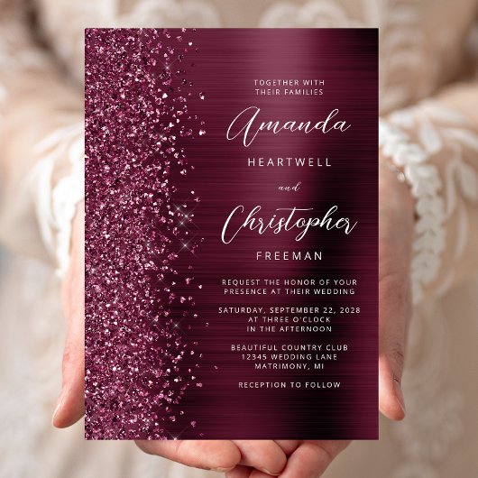 Invitation Mariage en écriture métallisée Burgundy brossée