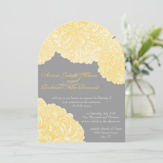 Invitation Mariage en fleur Dahlia jaune Iris (Debout devant)