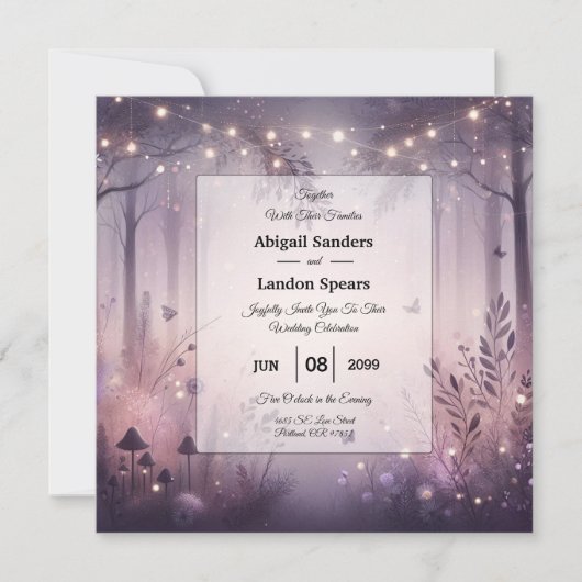 Invitation Mariage en forêt avec des lumières de fée éthérées (Devant)