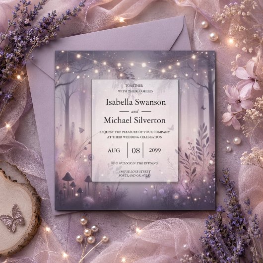 Invitation Mariage en forêt avec des lumières de fée éthérées