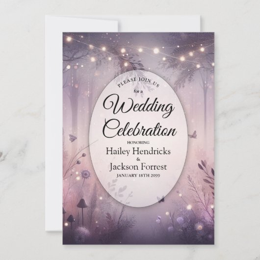 Invitation Mariage en forêt avec des lumières de fée éthérées (Devant)