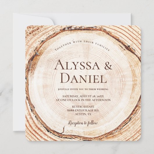 Invitation Mariage en forêt de bois rustique tranche d'arbre (Devant)