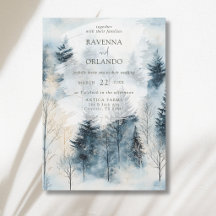 Mariage en forêt de pins enneigée sous le brouilla