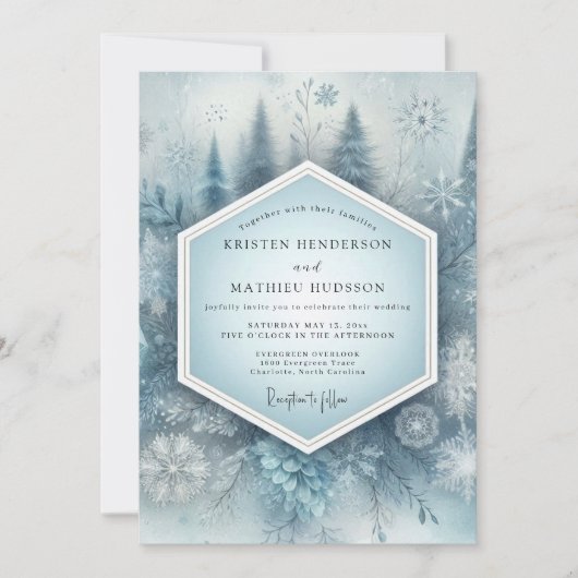 Invitation Mariage en forêt enneigée bleu ardoise (Devant)