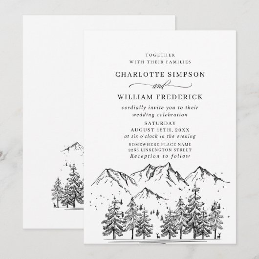Invitation Mariage en forêt montagneuse dessinée à la main (Devant / Derrière)