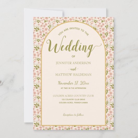 Invitation Mariage en forme d'arc rose pâle, vert olive (Devant)