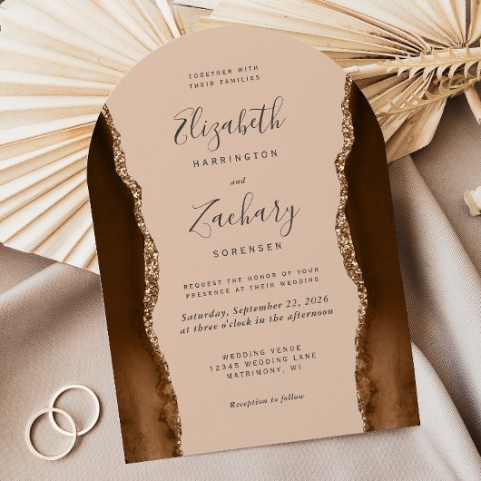 Invitation Mariage en forme d'arche Brun Moka Agate Doré