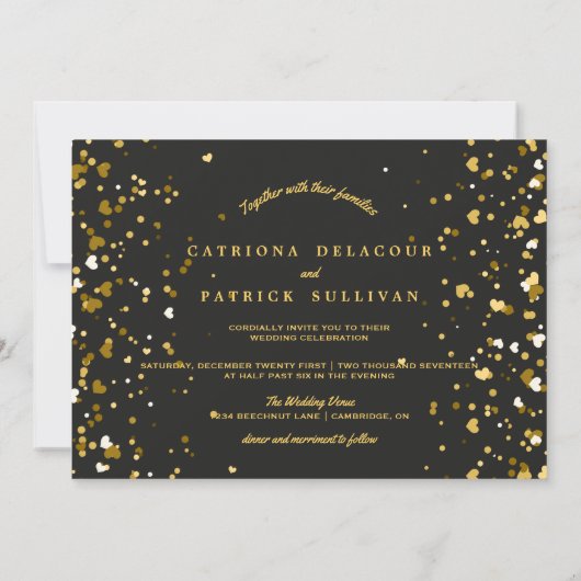Invitation Mariage en forme de coeur Confetti en or noir (Dos)