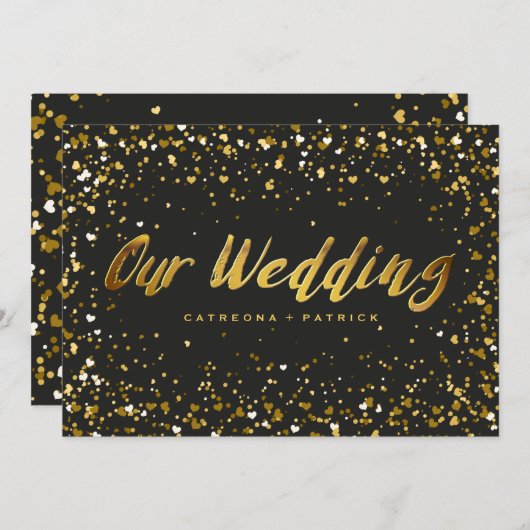 Invitation Mariage en forme de coeur Confetti en or noir (Devant / Derrière)