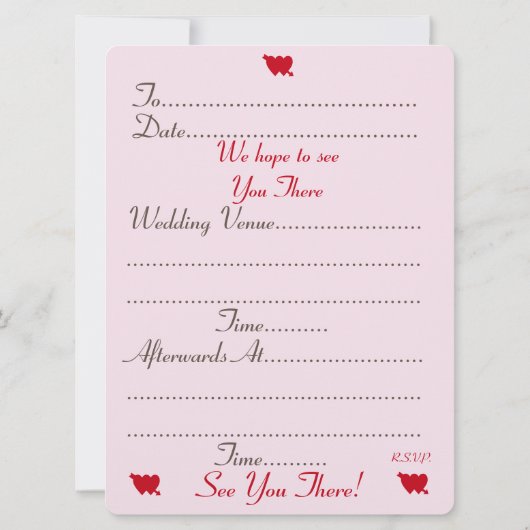 Invitation mariage en forme de coeur flamme rose et rouge (Dos)