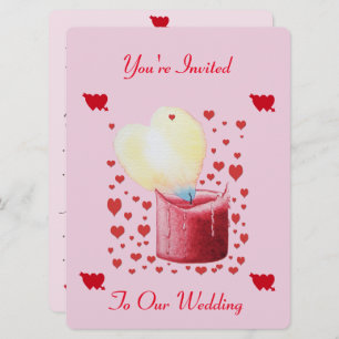 Invitation mariage en forme de coeur flamme rose et rouge