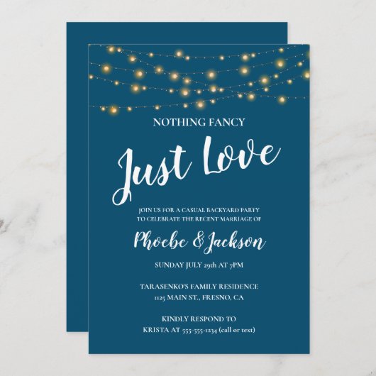 Invitation Mariage en fuite avec guirlandes lumineuses bleues (Devant / Derrière)