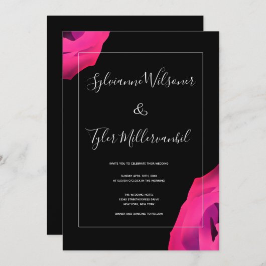 Invitation Mariage en gras noir rose chaud (Devant / Derrière)
