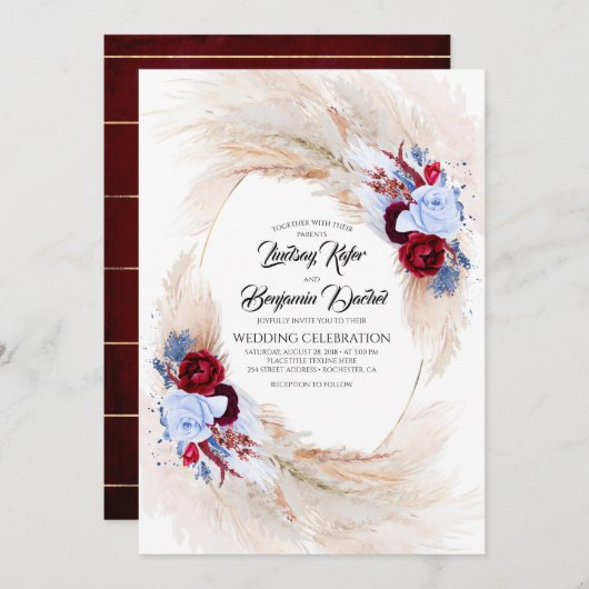 Invitation Mariage en herbe Burgundy & Dusty Blue Floral (Devant / Derrière)