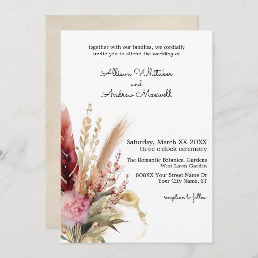 Invitation Mariage en herbe romantique Boho Pampas (Devant / Derrière)