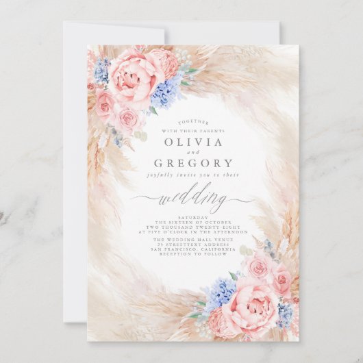 Invitation Mariage en laiton bleu et rose fleuri Pampas (Devant)