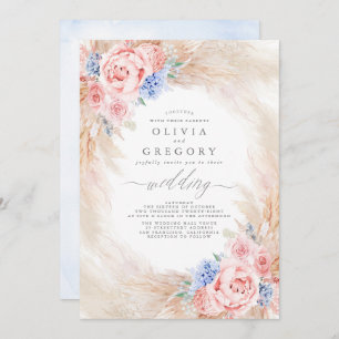 Invitation Mariage en laiton bleu et rose fleuri Pampas
