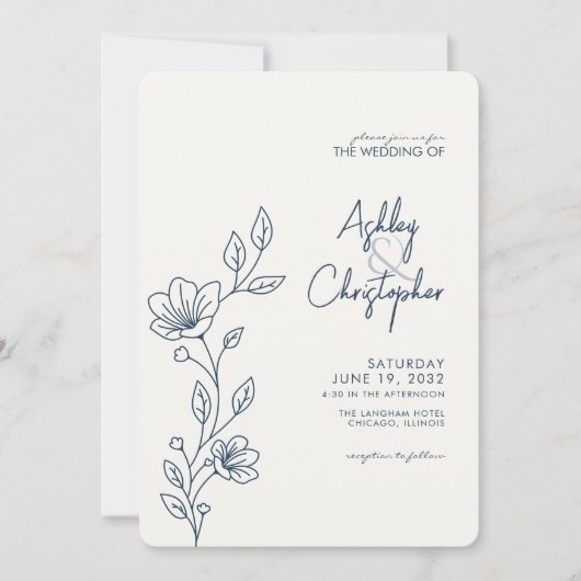 Invitation Mariage en ligne Indigo Blue Foliing moderne (Devant)