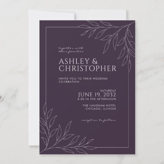 Invitation Mariage en ligne moderne en feuillage violet foncé (Devant)