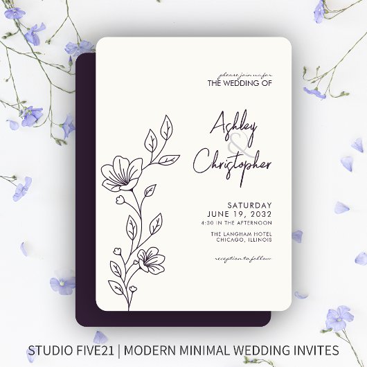 Invitation Mariage en ligne moderne en feuillage violet foncé