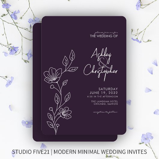 Invitation Mariage en ligne moderne en feuillage violet foncé