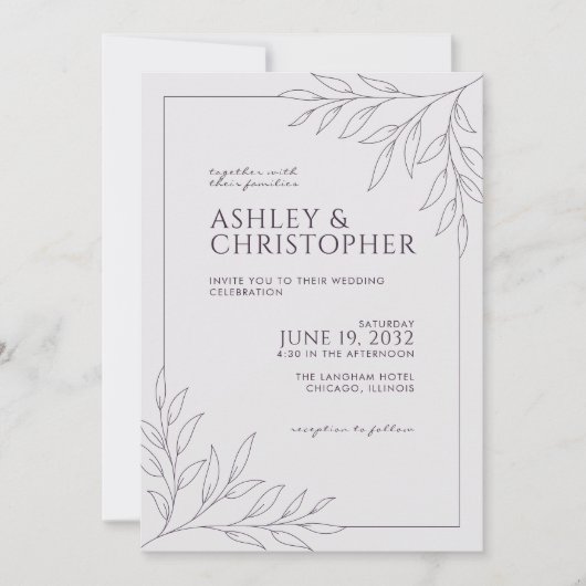 Invitation Mariage en ligne moderne en feuillage violet foncé (Devant)