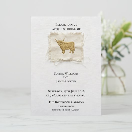 Invitation Mariage en lin rustique avec vache des Highlands é (Debout devant)