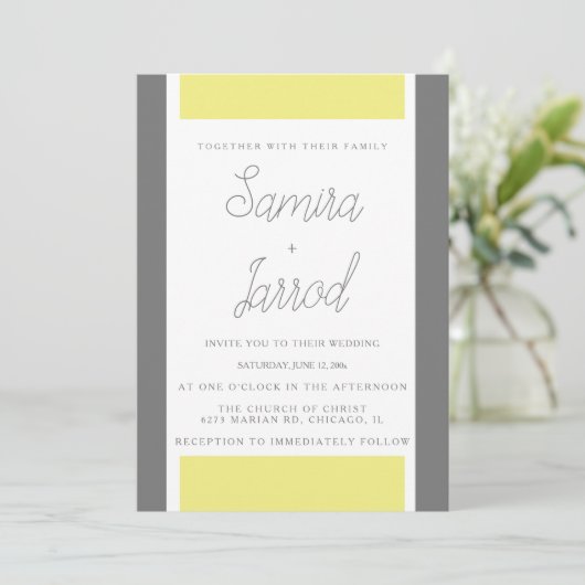 Invitation Mariage en marbre Abstrait simple jaune et gris (Debout devant)