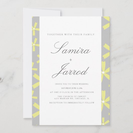 Invitation Mariage en marbre Abstrait simple jaune et gris (Devant)