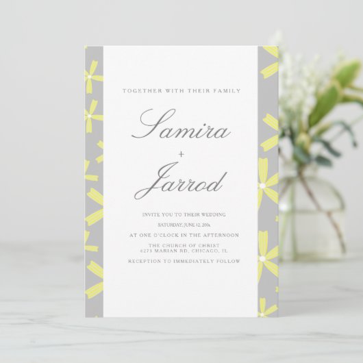 Invitation Mariage en marbre Abstrait simple jaune et gris (Debout devant)