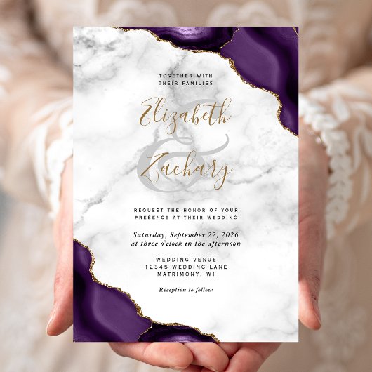 Invitation Mariage en marbre aux coins d'agate Gold Purple