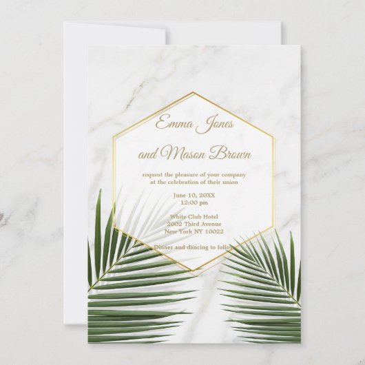 Invitation Mariage en marbre blanc tropical vert palmier (Devant)