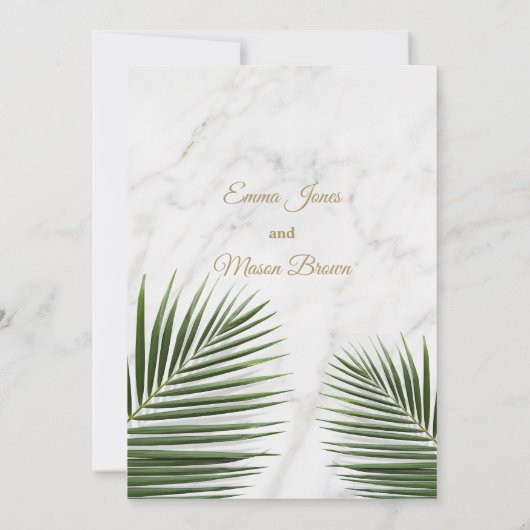 Invitation Mariage en marbre blanc tropical vert palmier (Dos)