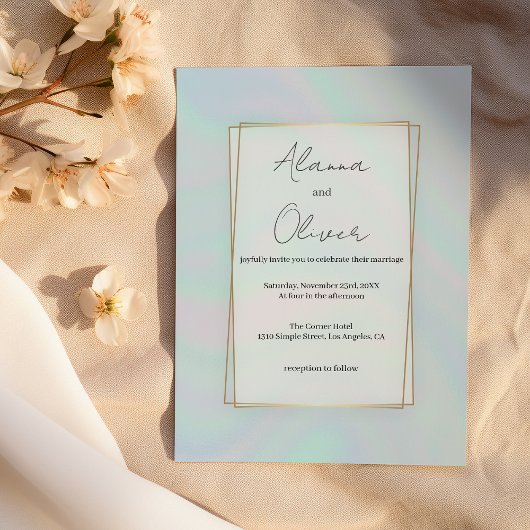 Invitation Mariage en marbre bleu pastel lavande holographiqu