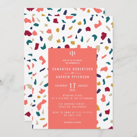 Invitation mariage en marbre clair de corail (Devant / Derrière)