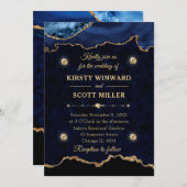Invitation Mariage en marbre d'agate bleu marine et doré pail (Devant / Derrière)