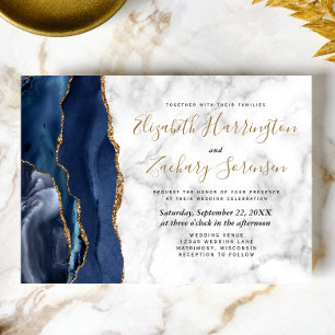Invitation Mariage en marbre d'Agate bleu marine moderne