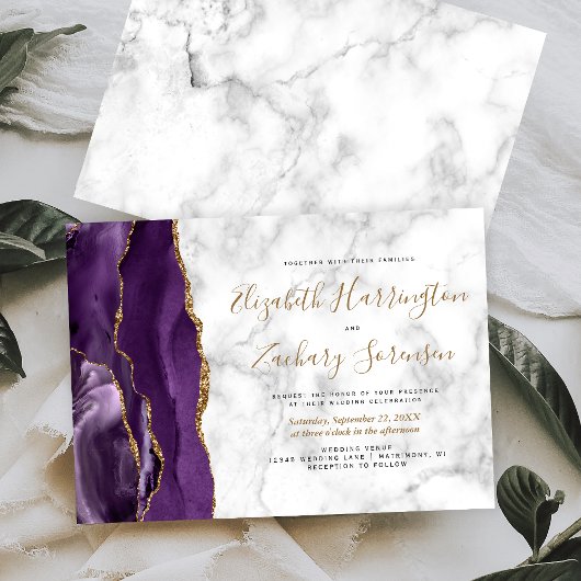 Invitation Mariage en marbre d'agate d'or violet