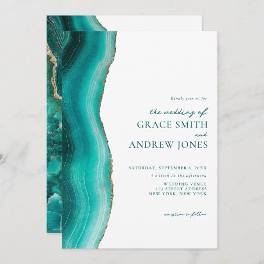 Invitation Mariage en marbre d'Agate en pierre Turquoise (Devant / Derrière)