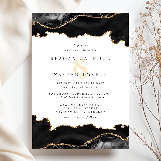 Invitation Mariage en marbre d'agate noir et or