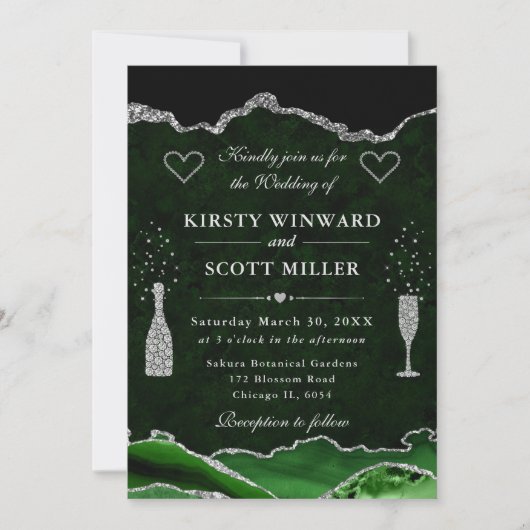 Invitation Mariage en marbre d'agate vert et paillettes d'arg (Devant)