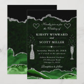 Invitation Mariage en marbre d'agate vert et paillettes d'arg (Devant / Derrière)
